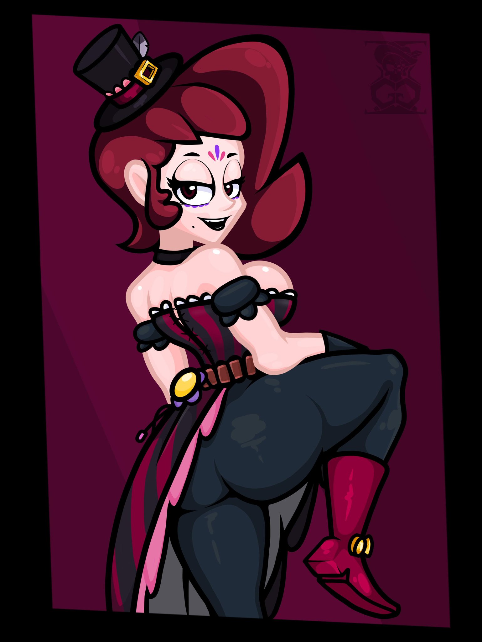 1girls, 2022, ass, back view, big ass, big breasts, black gloves, black lipstick, boots, brawl stars, breasts, brown eyes, bubble ass, bubble butt, busty, choker, curvy, curvy body, curvy female, curvy figure, curvy hips, female, female only, gloves, gotig1231, hand on hip, hat, huge ass, huge breasts, large ass, large breasts, lawless lola (brawl stars), leg up, light skin, light-skinned female, lipstick, lola (brawl stars), long hair, looking at viewer, makeup, milf, mole, mole under mouth, open mouth, red boots, red hair, slim waist, smile, smiling, smiling at viewer, solo, solo female, standing, supercell, tagme, teeth, thick thighs, tight clothing, voluptuous, voluptuous female, wide hips