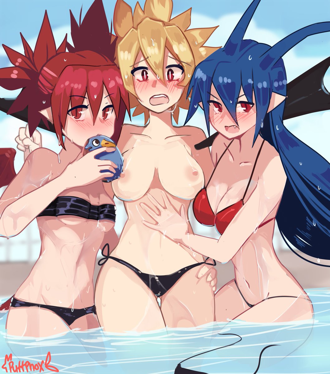 assisted_exposure bikini bikini_bottom bikini_malfunction bikini_top breasts demon_girl demon_wings disgaea disgaea_1 disgaea_2 disgaea_d2 embarrassed embarrassed_nude_female enf etna exposed_breasts female laharl laharl-chan large_breasts multiple_girls nippon_ichi_software nude pool puffphox rozalin succubus succubus_tail succubus_wings topless topless_female