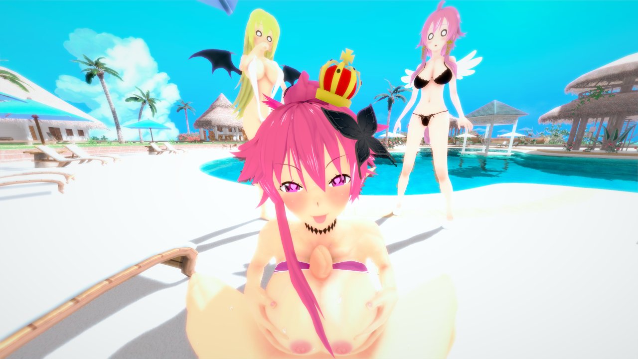 1boy 3d 3girls artina bikini bikini_bottom bikini_top breasts disgaea disgaea_2 disgaea_4 disgaea_5 heart-shaped_pupils koikatsu large_breasts light-skinned_female light-skinned_male light_skin multiple_girls nippon_ichi_software paizuri penis rozalin seraphina_(disgaea) sling_bikini totenafterdark