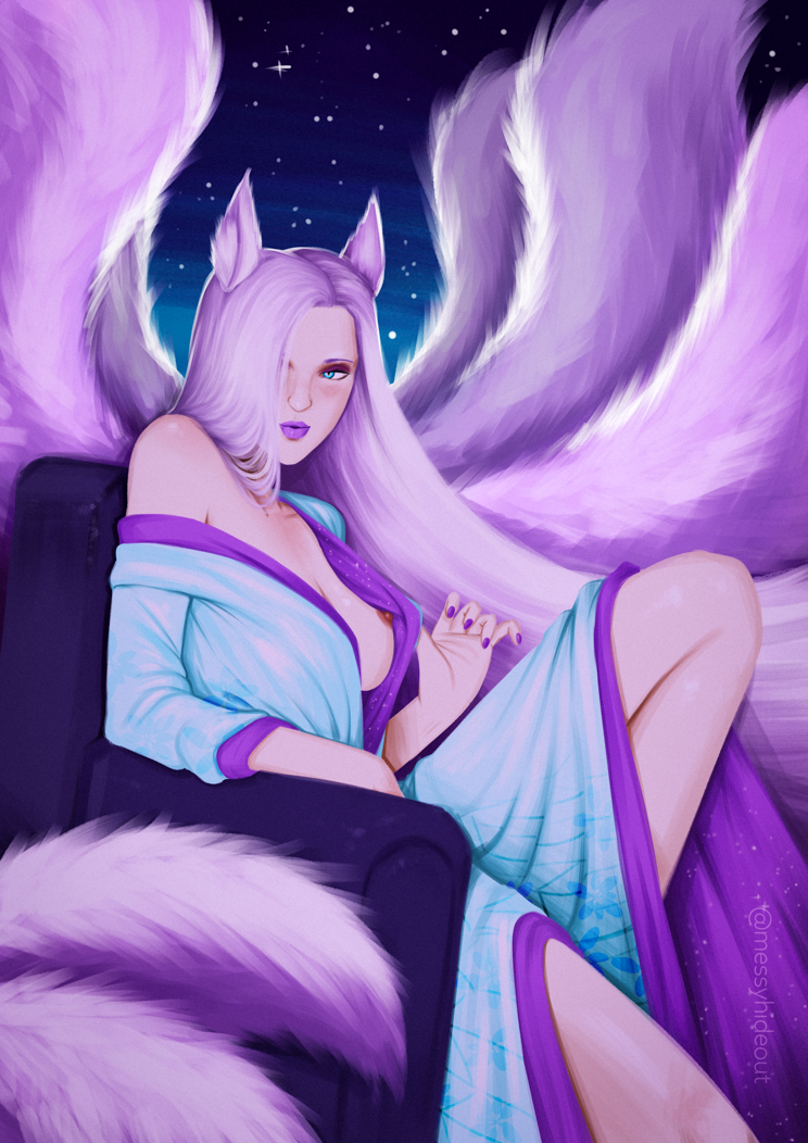 1girls breasts commission female female_focus female_only fox_ears fox_girl fox_tail kimono kimono_pull kitsune messyhideout nine_tailed_fox nipple nipple_slip original_character pinup solo_female