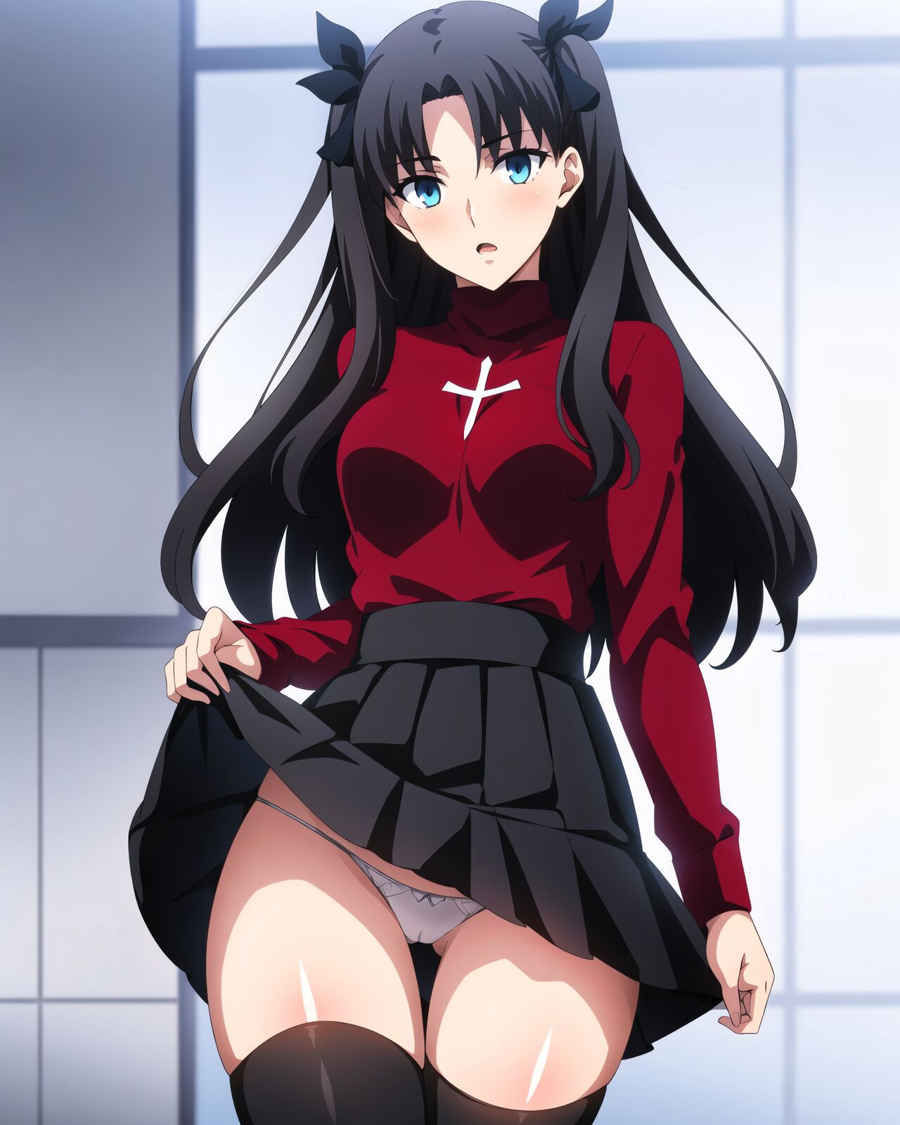 1girls ai_generated breasts fate/grand_order fate/stay_night fate_(series) female female_only hair_ribbon joker_(artist) long_hair looking_at_viewer open_mouth ribbon sitting solo tohsaka_rin