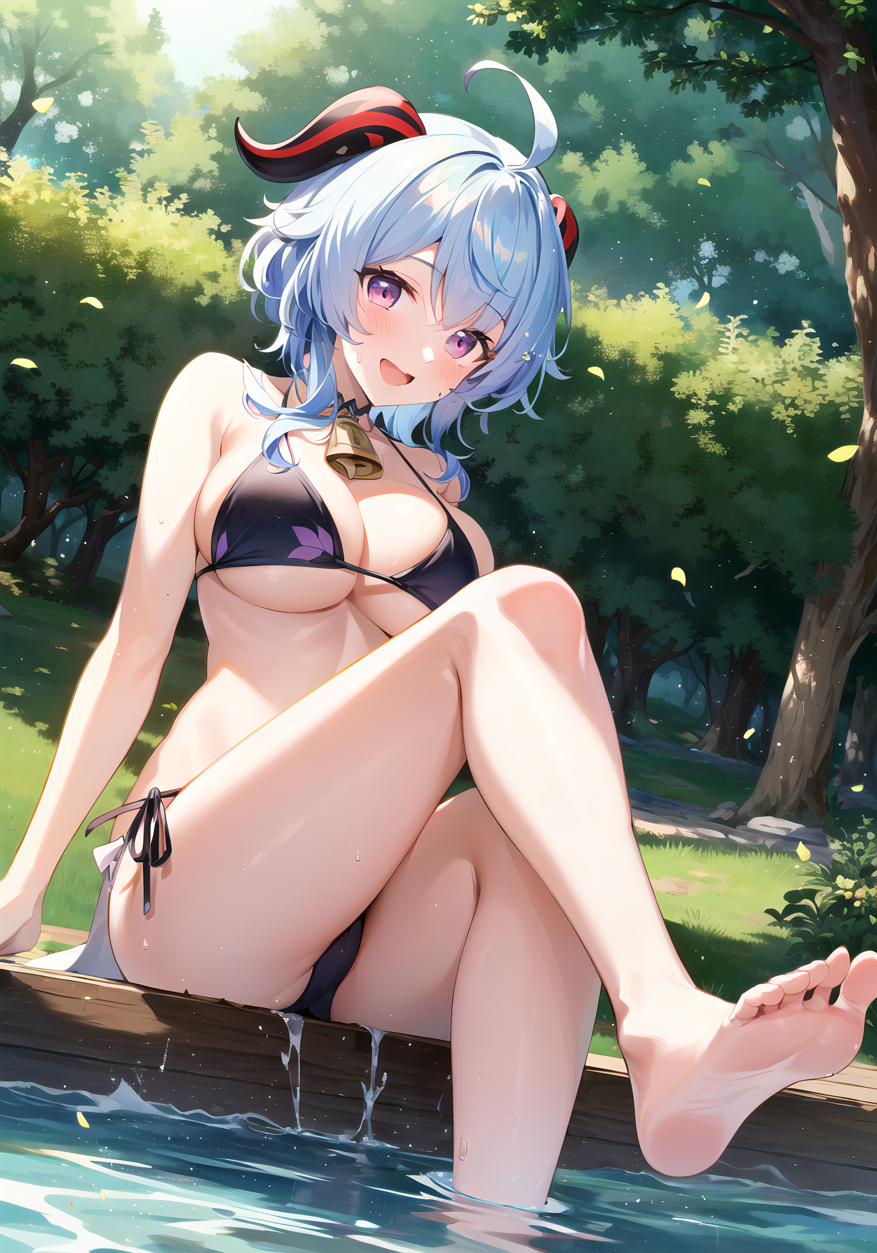 1girls, ai generated, bikini, breasts, curvaceous, curvy body, curvy female, feet, female, female focus, female only, ganyu (genshin impact), genshin impact, happy, horns, huge breasts, smile, smiley face, smiling, smiling at viewer, solo female, stable diffusion, swimming pool, toes, voluptuous, voluptuous female