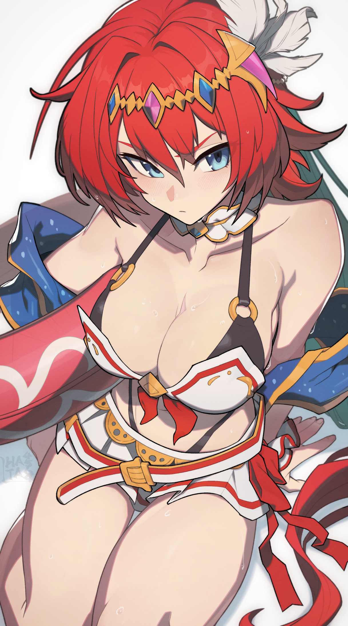 1girls, belt, blue eyes, bra, breasts, female, godsworn alexiel, granblue fantasy, lhata4564, miniskirt, red hair, solo female