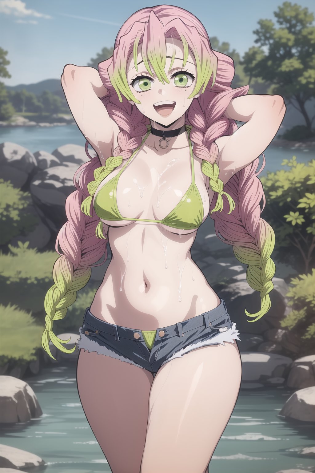 1girls, ai generated, armpits, arms behind head, big breasts, bikini, breasts, busty, demon slayer, denim shorts, female, female only, green bikini, kanroji mitsuri, kimetsu no yaiba, large breasts, legs, navel, open mouth, pink hair, pose, posing, revealing clothes, sensual, sexy armpits, skimpy, smile, solo, stable diffusion, sweat, thighs, twin braids, voluptuous, water