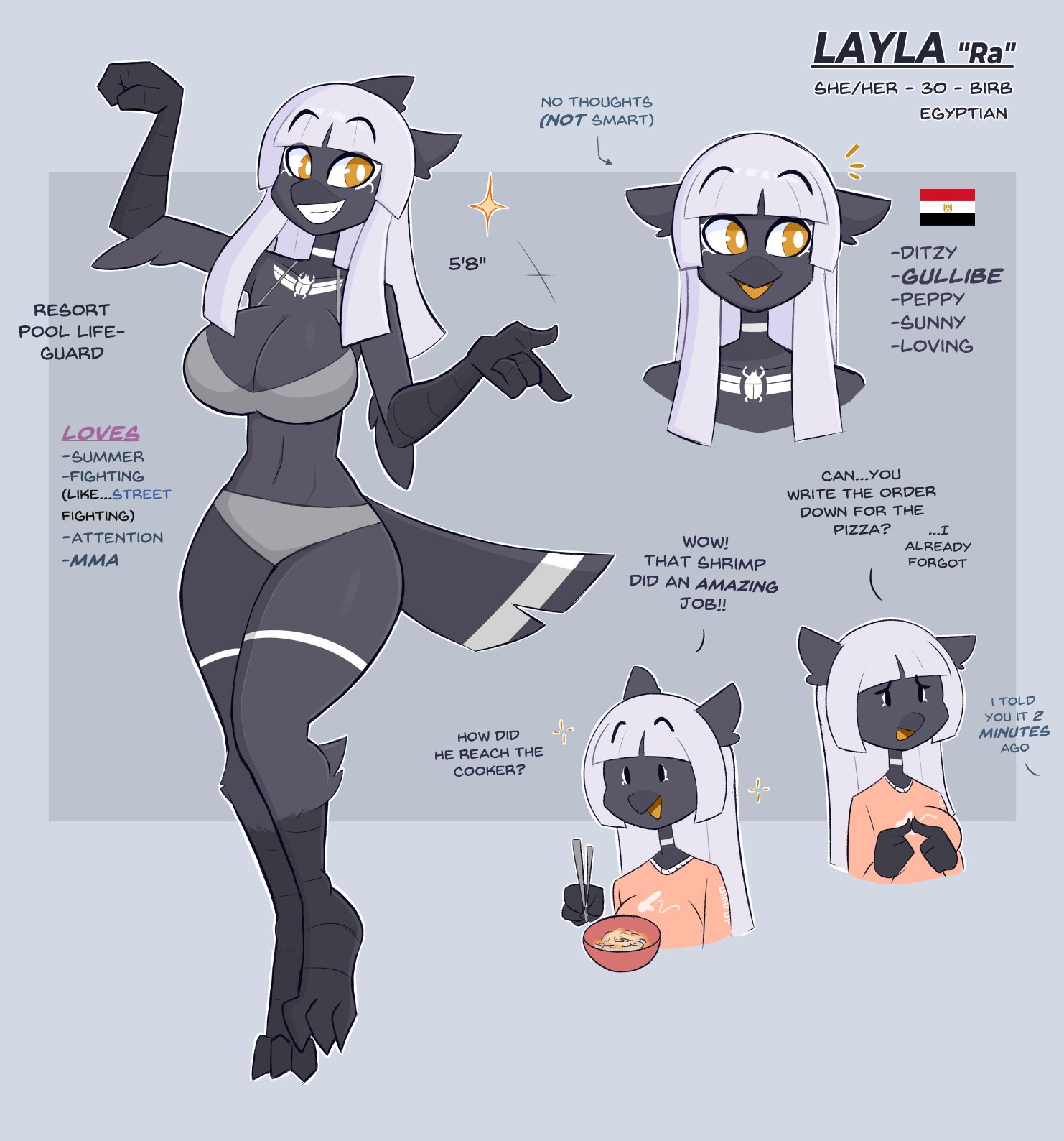 anthro, avian, avian feet, avian humanoid, beak, big breasts, bikini, bikini bottom, bikini top, bird, bird tail, bra, breasts, cleavage, clothed, clothing, dot eyes, egyptian, english text, eyebrows, eyebrows visible through hair, feathers, female, fingers together, food, grey body, grey feathers, grey skin, hair, kilinah, layla (kilinah), long hair, navel, original, panties, reference sheet, tattoo, text, thighs, thong, white hair, white markings, yellow eyes, yellow pupils