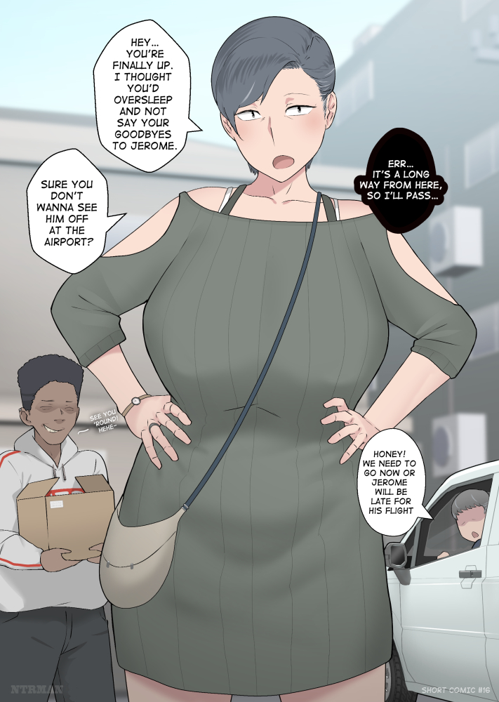 breasts, comic, comic page, dark-skinned male, dress, english text, female, fully clothed, grey hair, huge breasts, male, mature female, ntrman, older female