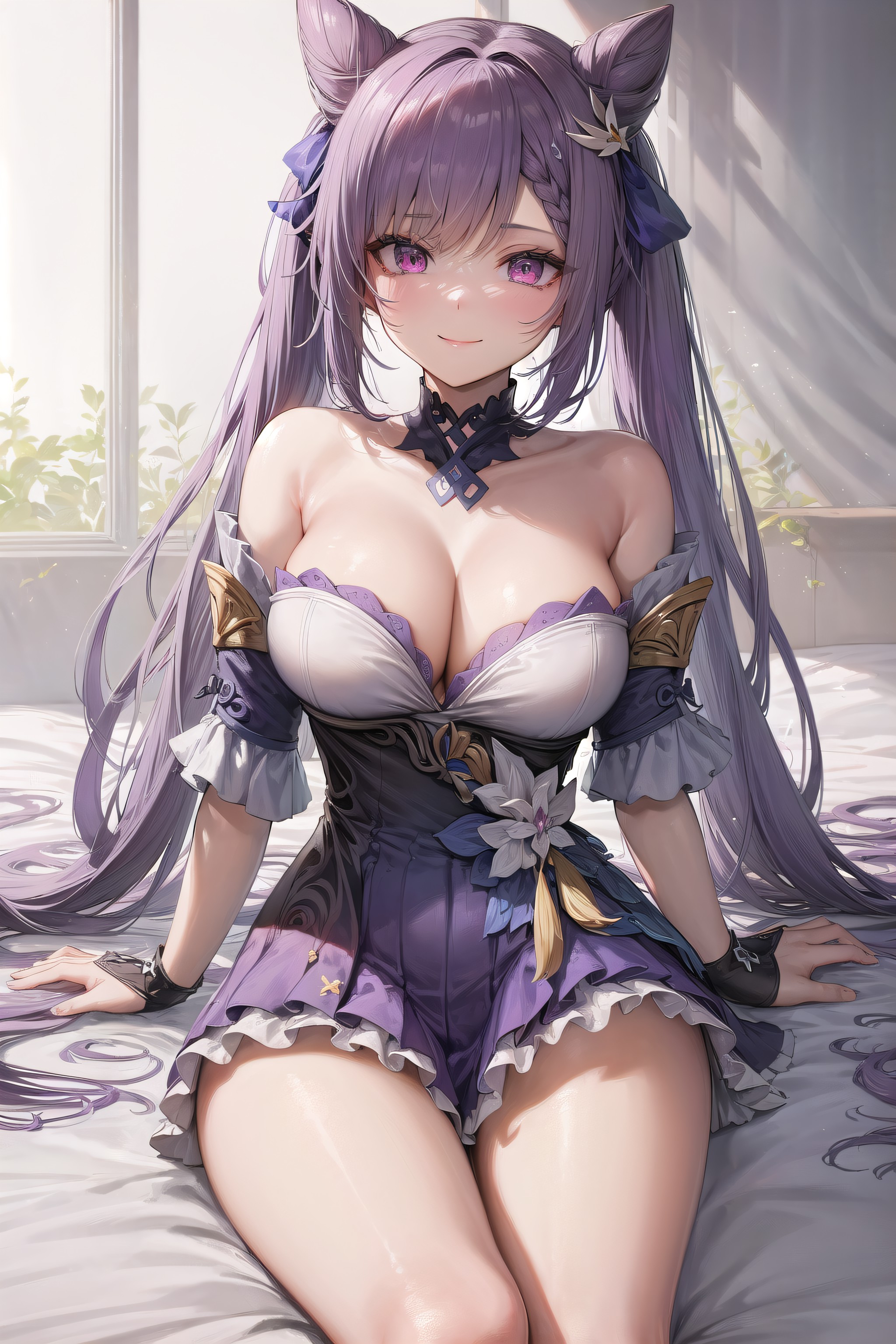 ai generated, blush, female, game cg, genshin impact, keqing (genshin impact), stable diffusion, thighs
