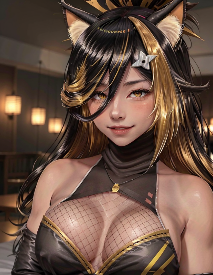 1girls ai_generated animal_ears belly_button blade blonde_hair blush brown_hair cat_ears dark-skinned_female dark_skin female female_only fishnets indie_virtual_youtuber katana nekoyo_chloe ninja ninja_mask shuriken_hair_ornament sideboob solo sword two_tone_hair virtual_youtuber weapon yellow_eyes