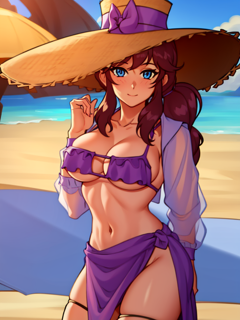 a_hat_in_time adult aged_up ai_generated big_breasts bikini bikini_bottom bikini_top blue_eyes blush blushing_at_viewer breasts brown_hair brown_hat hair_tie happy happy_female hat hat_adult hat_kid large_breasts light-skinned_female light_skin looking_at_viewer mariegold navel ponytail purple_bikini purple_bikini_bottom purple_bikini_top purple_skirt purple_swimsuit skirt smile smiling smiling_at_viewer swimsuit thighs tied_hair voluptuous voluptuous_female