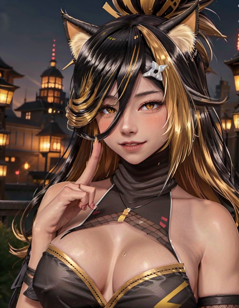 1girls ai_generated animal_ears belly_button blade blonde_hair blush brown_hair cat_ears dark-skinned_female dark_skin female female_only fishnets indie_virtual_youtuber katana nekoyo_chloe ninja ninja_mask shuriken_hair_ornament sideboob solo sword two_tone_hair virtual_youtuber weapon yellow_eyes