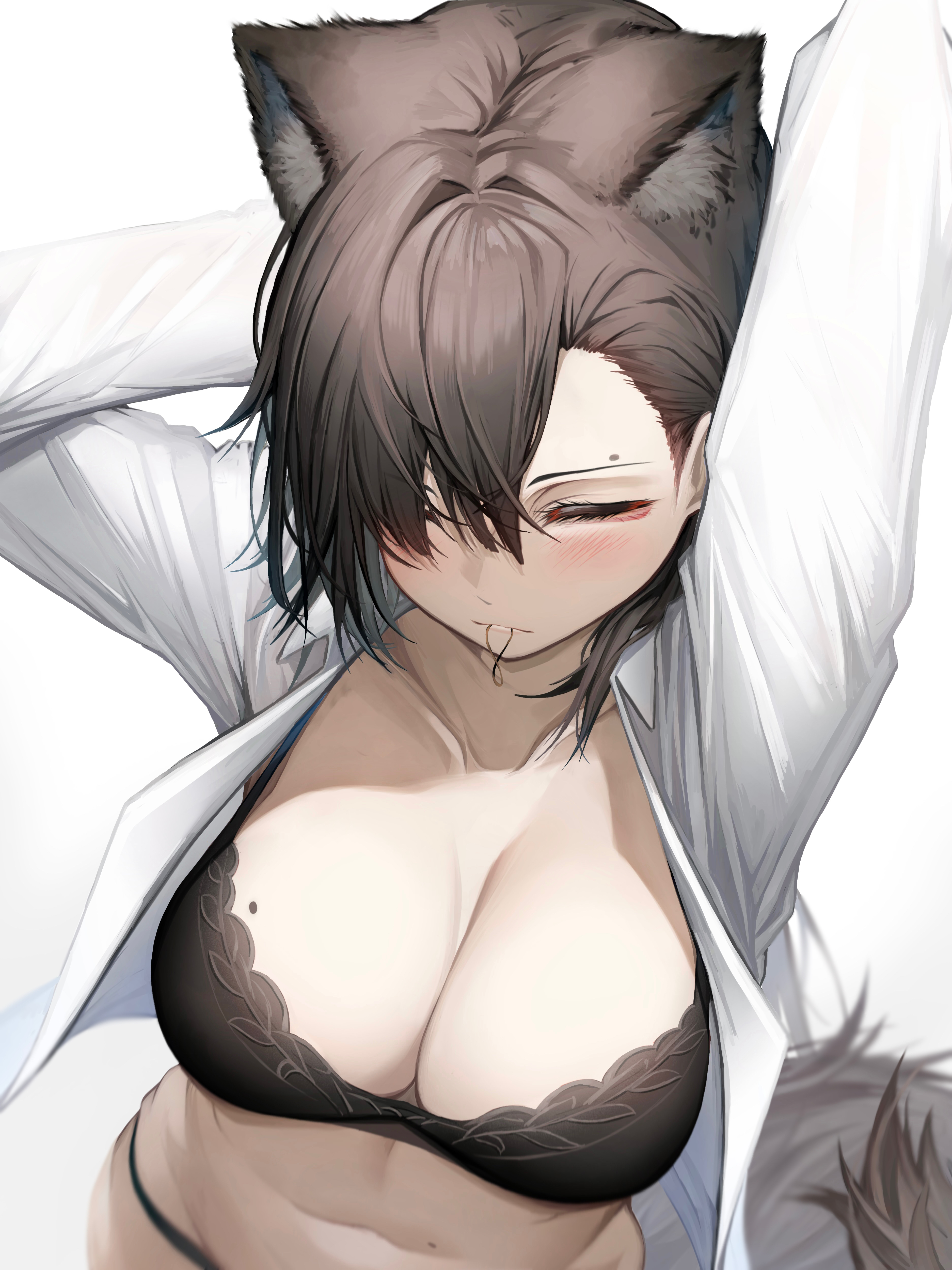 1girls, 2023, arknights, arms behind back, arms up, big breasts, black underwear, blush, bra, breasts, brown hair, closed eyes, female, from above, hi res, kemonomimi, light skin, light-skinned female, penance (arknights), simple background, solo, standing, tab head, tail, wolf ears, wolf girl, wolf tail