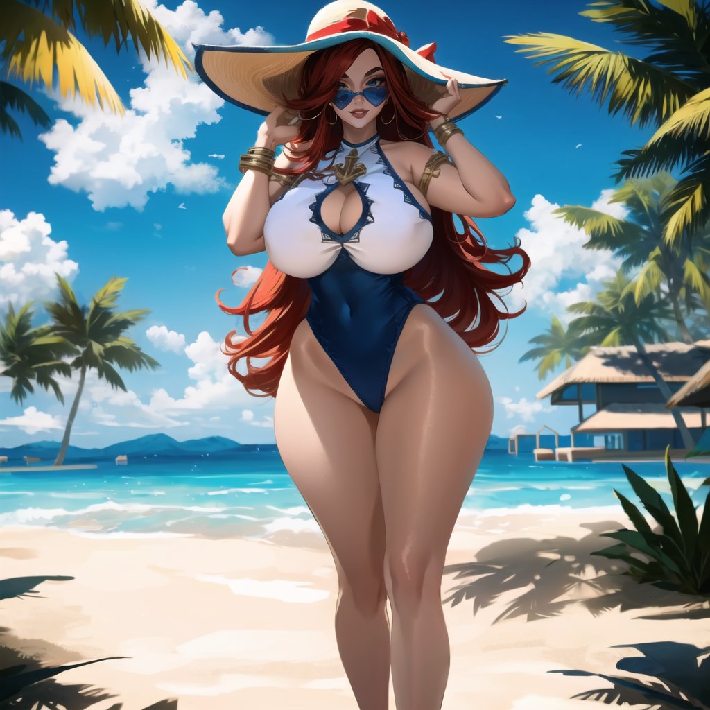 ai generated, beach, big breasts, blue eyes, blue-tinted eyewear, breasts, cixf, clothing, curvy, curvy female, curvy figure, female, female only, full body, high heels, huge breasts, league of legends, light skin, light-skinned female, looking at viewer, looking over eyewear, looking over glasses, looking over sunglasses, miss fortune, pool party miss fortune, pool party series, solo, solo female, stable diffusion, sunglasses, thick thighs, tinted eyewear