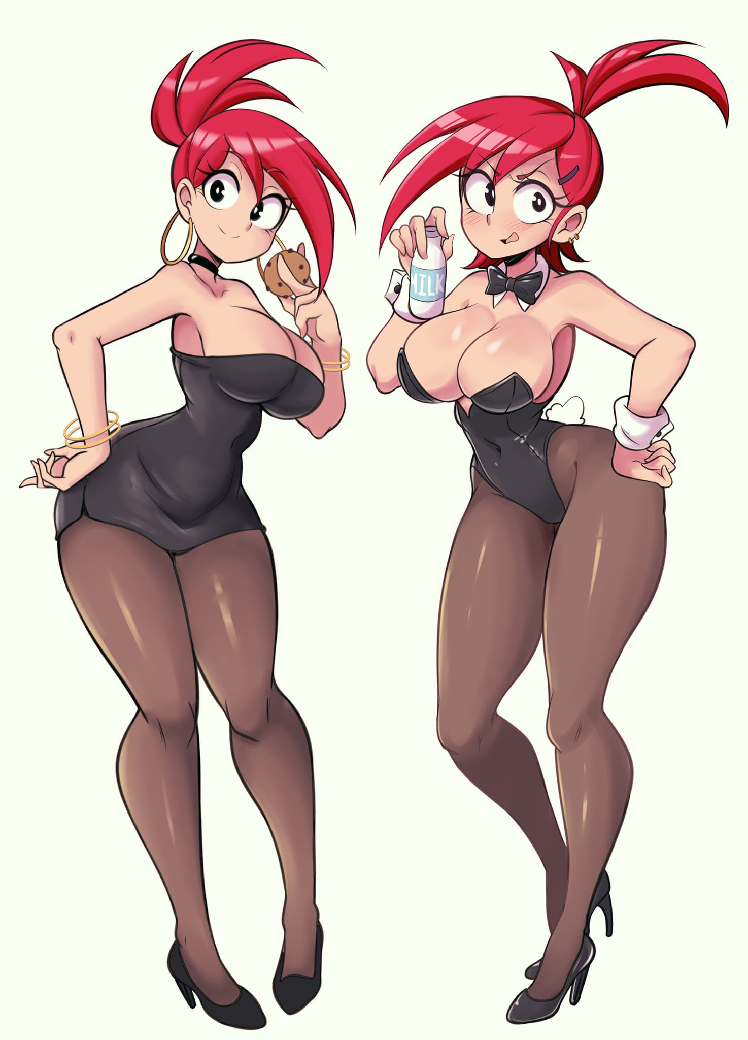 alternate breast size, alternate costume, big breasts, black dress, black shoes, breasts, cartoon network, cleavage, dress, female, foster's home for imaginary friends, frankie foster, heels, lucyfercomic, playboy bunny, ponytail, red hair, thick thighs, wide hips