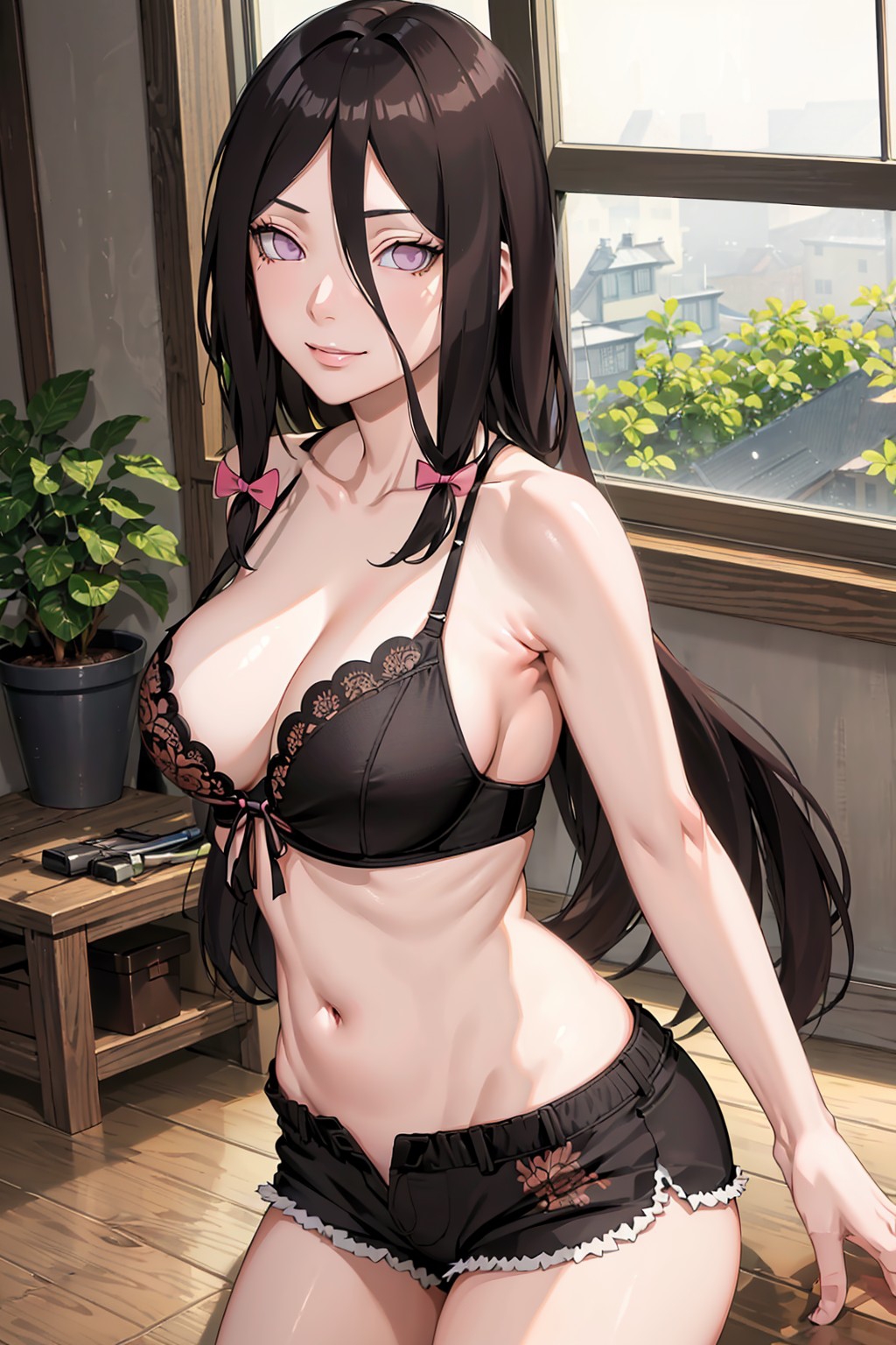 1girls, ai generated, arm support, armpits, bare legs, bare shoulders, blush, boruto: naruto next generations, bottomwear, bra, breasts, brown hair, cleavage, female, female only, g-string, godho, hair ornament, hair ribbon, hyuuga hanabi, indoors, legs together, long hair, midriff, nai diffusion, naruto, naruto (series), naruto: the last, on bed, panties, partially clothed, petite, ribbons, short shorts, shorts, smile, solo, solo focus, stable diffusion, standing, unbuttoned, unbuttoned shorts, underwear, violet eyes, window