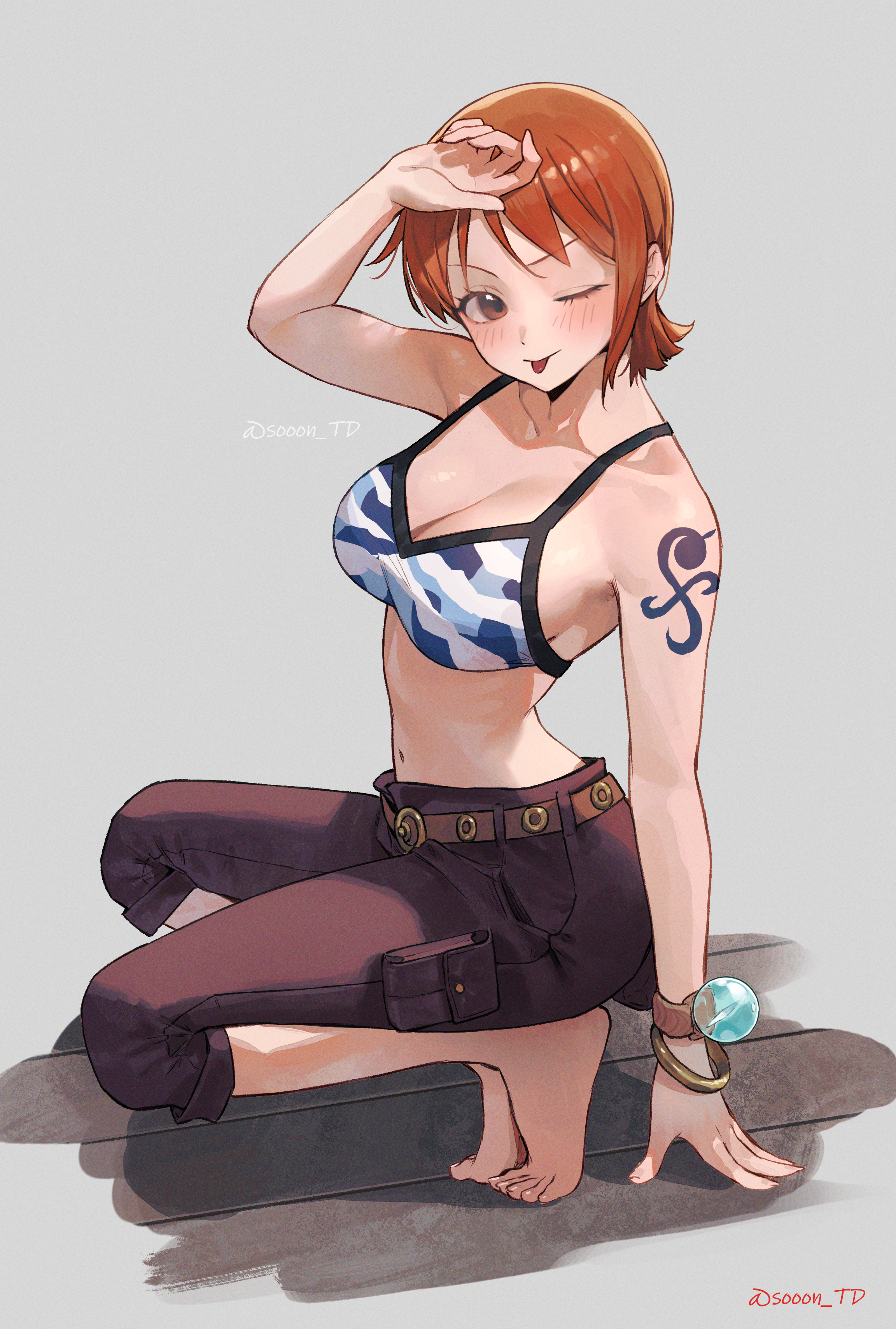 1girls, arm tattoo, blue tattoo, cute, feet, female, female only, nami (one piece), one piece, orange hair, orange-haired female, pre-timeskip, red hair, short hair, skypiea, solo, sooon, tattoo, tongue, tongue out