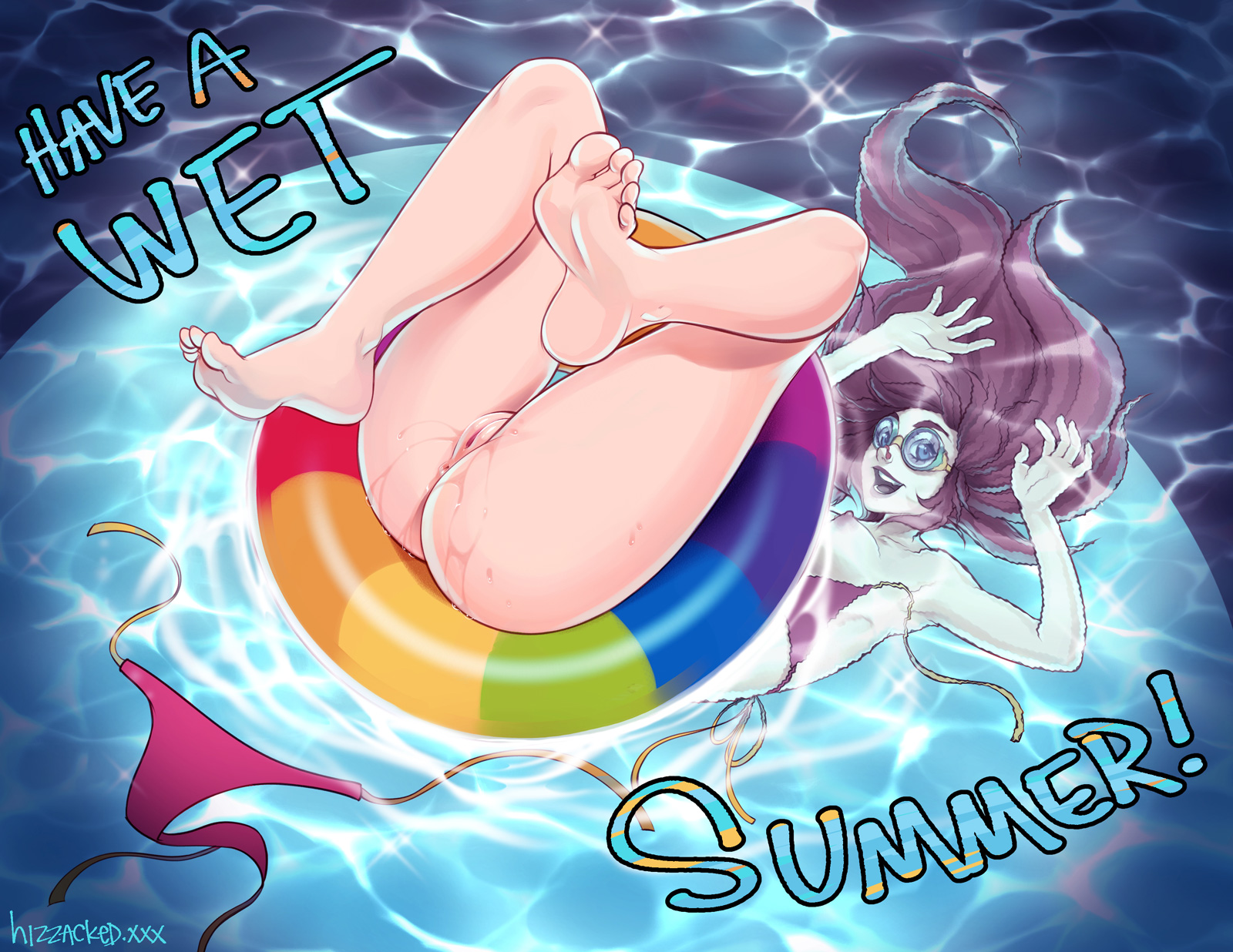 1girls, anus, bikini, bikini removed, blue eyes, breasts, breath play, brown hair, english text, female, female only, hi res, hizzacked, in water, inflatable, long hair, looking at viewer, nipples, original, partially submerged, pussy, smiling, smiling at viewer, solo, swimming goggles, text, upside-down