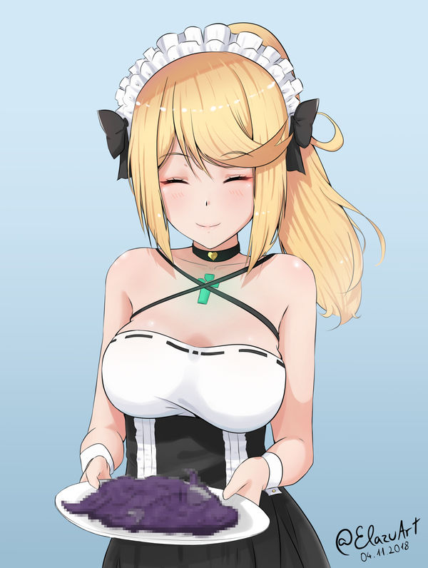 1girls artist_name blonde_hair breasts censored_food choker closed_eyes core_crystal elazu food happy happy_female heart_choker holding_plate large_breasts maid maid_headdress maid_uniform mythra nintendo plate ponytail smile smiling_at_viewer wrist_cuffs xenoblade_(series) xenoblade_chronicles_2