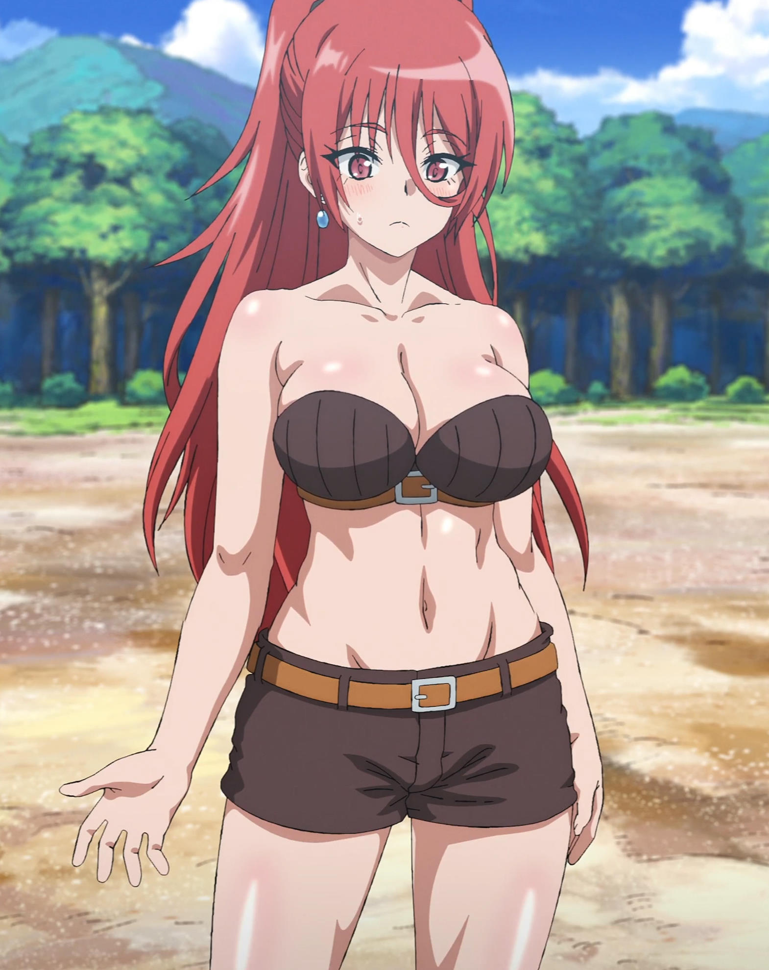 1girls, accurate art style, bra, breasts, cleavage, clothing, female, ikusaba maya, isekai one turn kill neesan: ane douhan no isekai seikatsu hajimemashita, large breasts, midriff, red eyes, red hair, screencap, shorts, thick thighs, thighs, tummy, variety 34.34