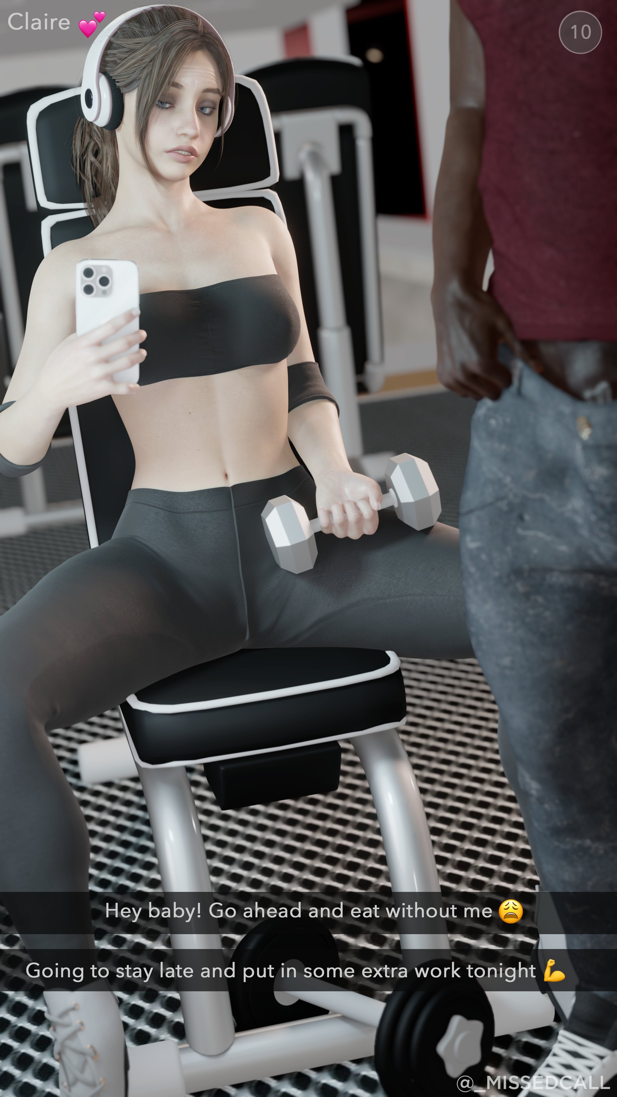 3d, blue eyes, brown hair, claire redfield, clothed, dark skin, dark-skinned male, female, gym, interracial, light skin, light-skinned female, male, missed call, resident evil, selfie, teasing cuck with phone, teasing cuck with snap, undressing