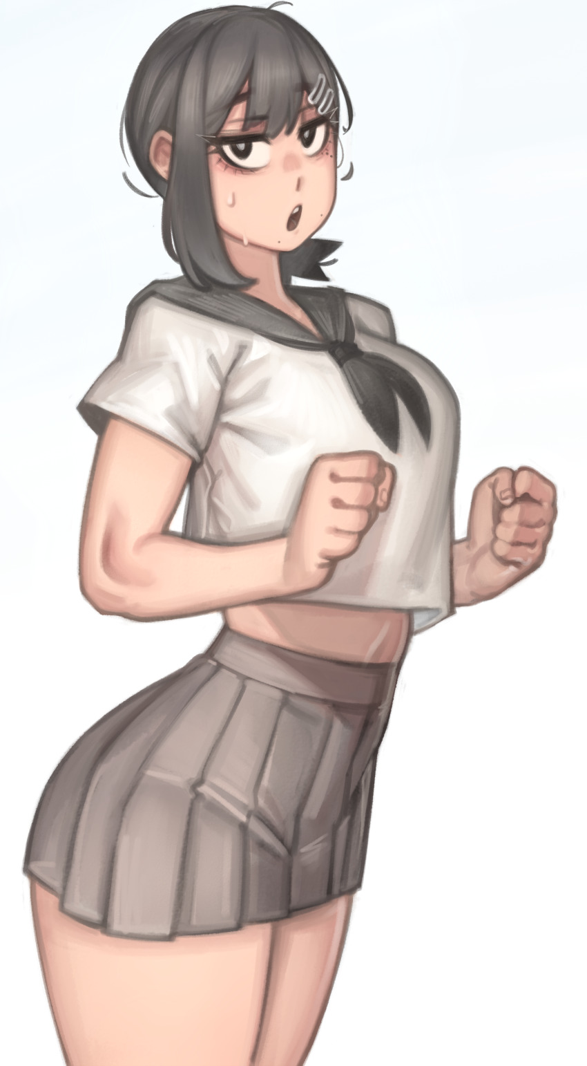 adult adult_female black_hair chainsaw_man clenched_fists clenched_hands exposed_navel eyebags female hair_ornament higashiyama_kobeni kelvin_hiu moles neutral_expression school_uniform schoolgirl schoolgirl_uniform short_hair short_skirt shueisha skirt sweat sweatdrop sweating sweaty_body thick_eyelashes thick_thighs