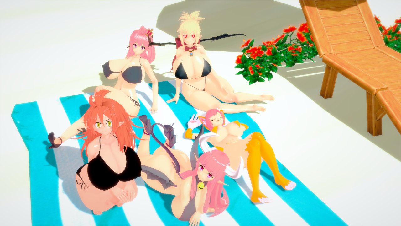 3d alternate_version_available beach beach_towel beastmaster_(disgaea) big_breasts bikini bikini_bottom bikini_top bimbo breasts cat_ears cat_paws cat_tail catgirl demon_girl demon_wings disgaea disgaea_2 disgaea_5 gigantic_breasts huge_breasts hyper_breasts koikatsu large_breasts massive_breasts nekomata_(disgaea) nippon_ichi_software rozalin seraphina_(disgaea) succubus succubus_(disgaea) succubus_horns succubus_tail succubus_wings thick_thighs thighs totenafterdark