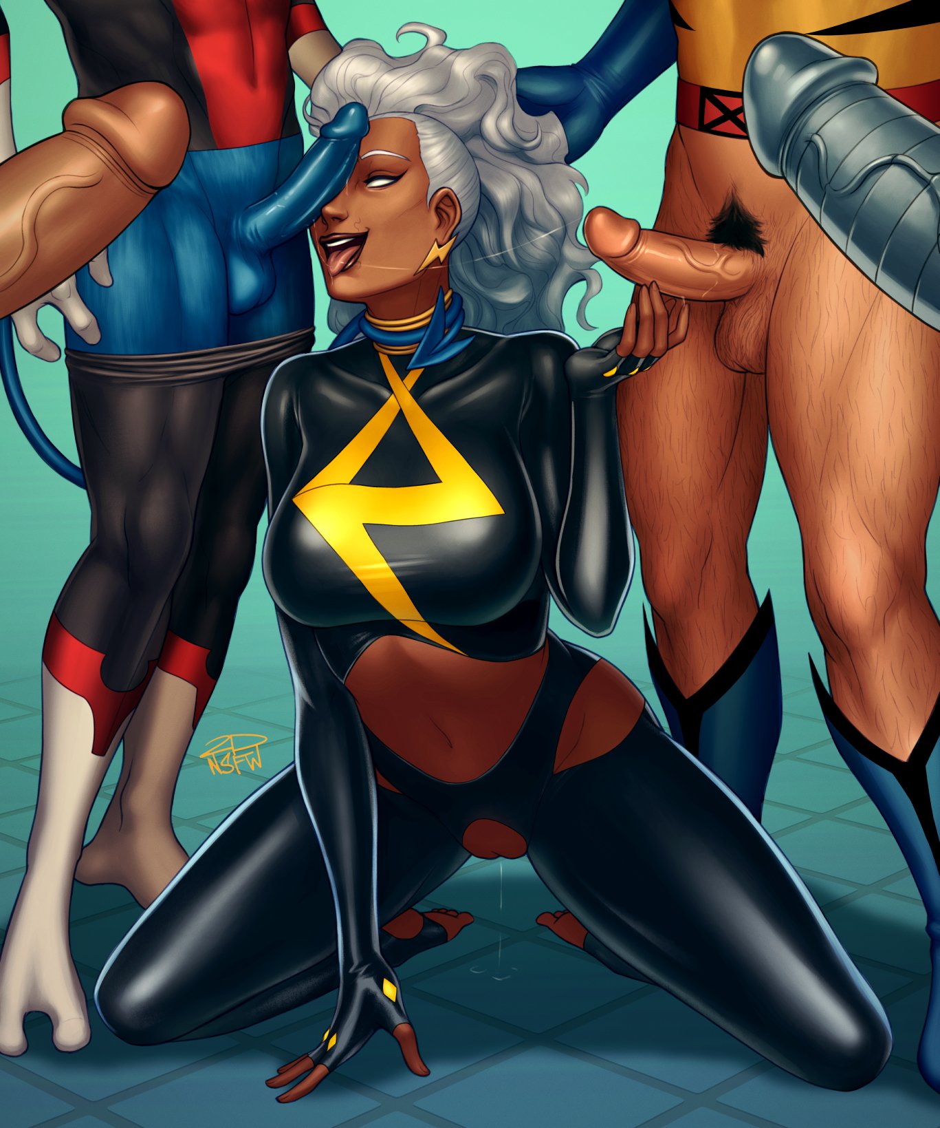 2dnsfw 2dswirl areola areolae big_breasts big_penis blue_skin colossus dark-skinned_female dark-skinned_male dark_skin demon_tail faceless_male female female_focus light-skinned_male light_skin marvel marvel_comics metal_skin nightcrawler nude nude_female nude_male ororo_munroe spandex storm_(x-men) t'challa tail unseen_character unseen_male_face vein veins veiny_penis white_hair wolverine_(x-men) x-men