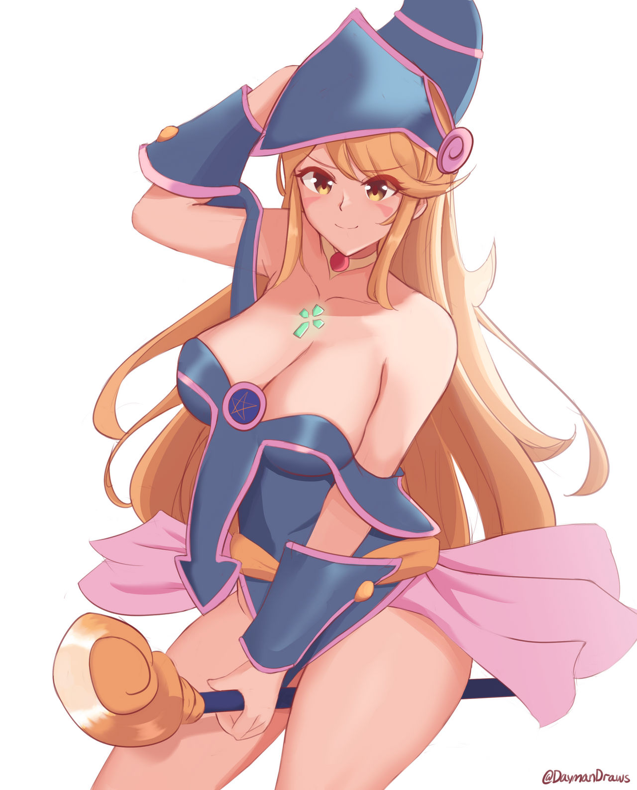 1girls black_magician_girl blonde_hair breasts choker core_crystal cosplay dark_magician_girl dark_magician_girl_(cosplay) daymandraws dress hat holding_wand large_breasts long_hair looking_at_viewer magician_hat mythra nintendo strapless strapless_dress vambraces wand xenoblade_(series) xenoblade_chronicles_2 yellow_eyes yu-gi-oh!