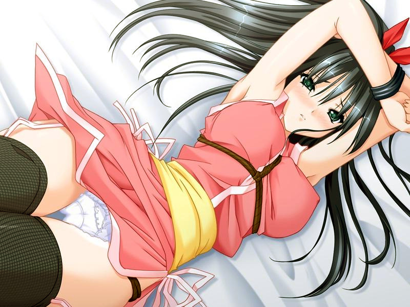 1girls bed black_hair blush bondage breast_bondage china_dress chinadress chinese_clothes clothed female game_cg green_eyes ichijou_ayako koichu! long_hair lying lying_on_bed ninoko panties rope solo