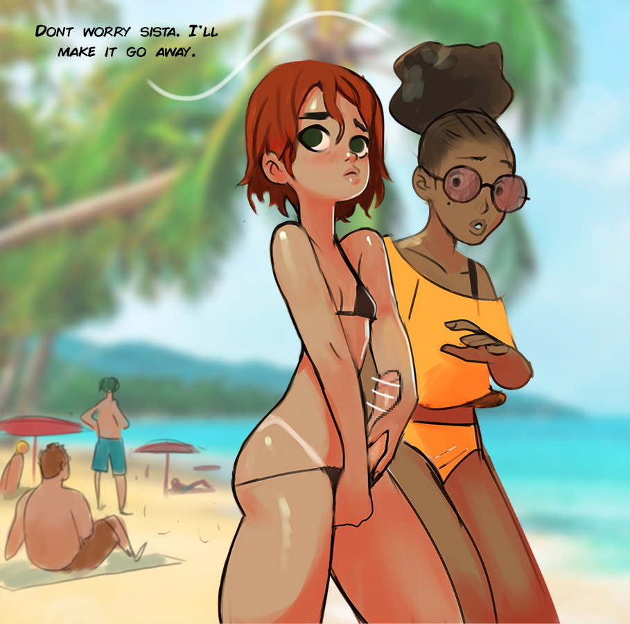 1futa 1girls beach big_penis bikini breasts censored clothed clothing dark-skinned_female dark_skin dialogue duo_focus erection female futa_on_female futanari human light-skinned_futanari light_skin mostly_nude penis pervertfuel public public_exposure red_hair standing text