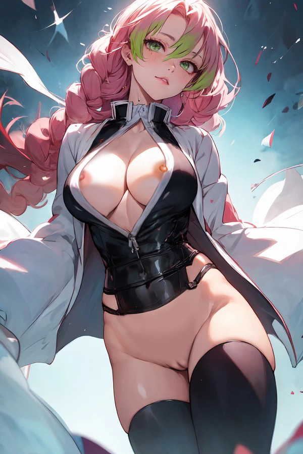 ai generated, bottomless, breasts, demon slayer, female, green eyes, kanroji mitsuri, kimetsu no yaiba, large breasts, long hair, looking at viewer, mole, multicolored hair, nekom14, nipples, no panties, pink hair, pussy, stable diffusion, thick thighs, thighhighs, twin braids