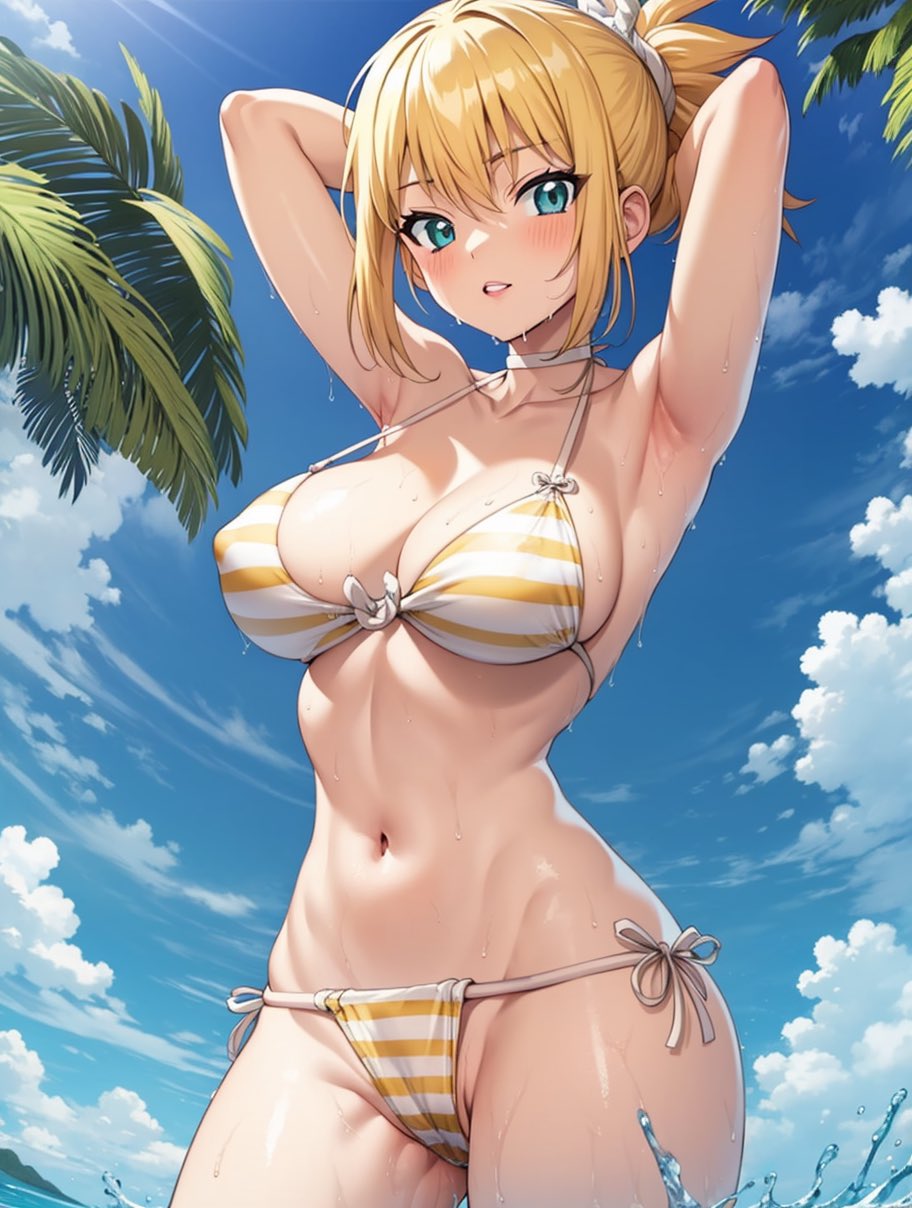 1girls, ai generated, armpits, arms behind head, beach, big breasts, bikini, blonde hair, blue eyes, breasts, busty, cleavage, dr.stone, female, female only, hi res, kohaku (dr.stone), large breasts, legs, navel, ocean, parted lips, ponytail, pose, posing, sensual, sexy armpits, solo, stable diffusion, thighs, water