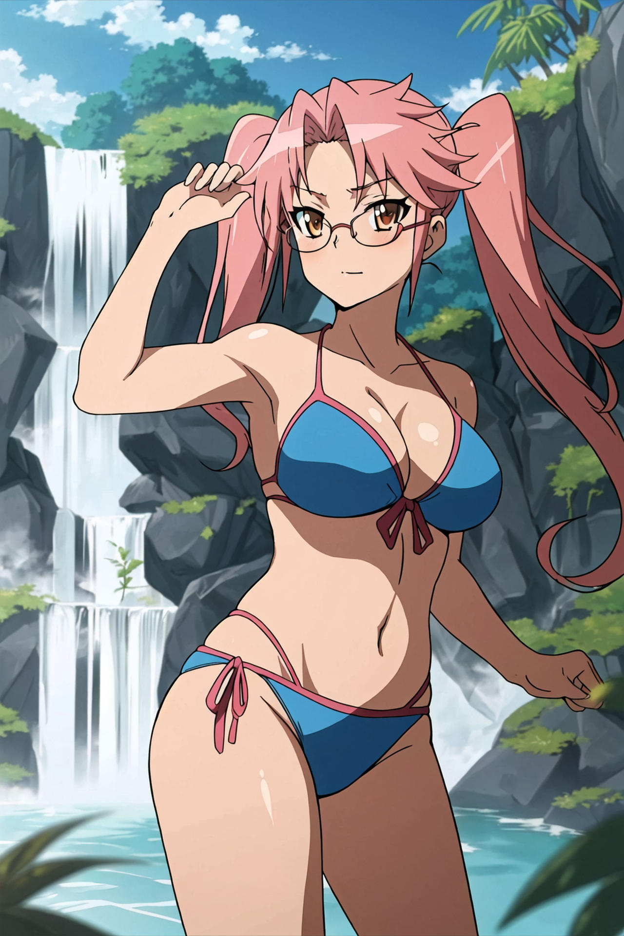 1girls, ai generated, arm up, artist request, big breasts, bikini, blue bikini, breasts, busty, cleavage, female, female only, glasses, highschool of the dead, large breasts, legs, long hair, navel, pink hair, saya takagi, smile, solo, stable diffusion, swimsuit, thighs, twintails, voluptuous, water, yellow eyes