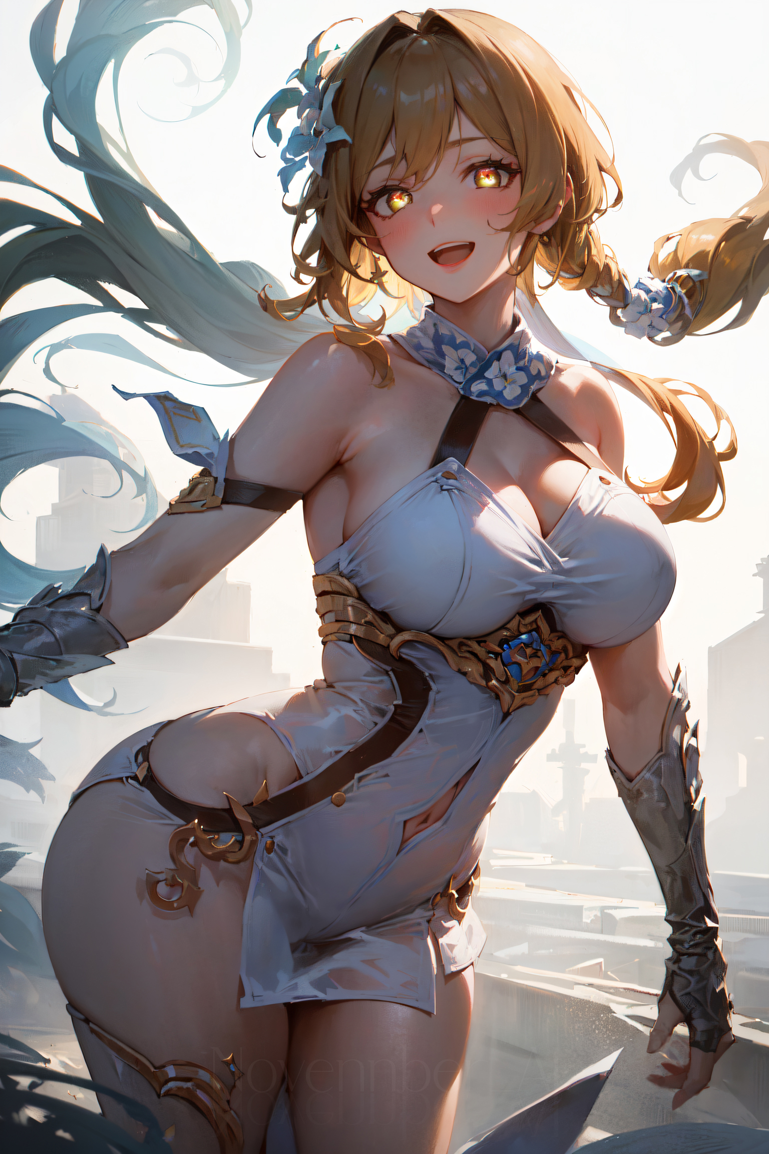 ai generated, blonde hair, female, genshin impact, lumine (genshin impact), stable diffusion, standing, tagme