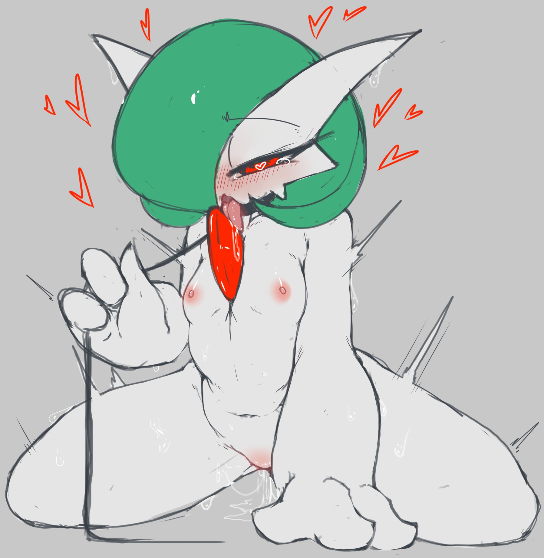 blush, breasts, collar, dripping pussy, female, fir3born, flat chest, gardevoir, generation 3 pokemon, green hair, heart-shaped pupils, humanoid, leash, leash and collar, leash pull, nipples, pokémon (species), pokemon, pokemon (species), pussy, red eyes, small breasts, tears, tongue, tongue out, uncommon stimulation