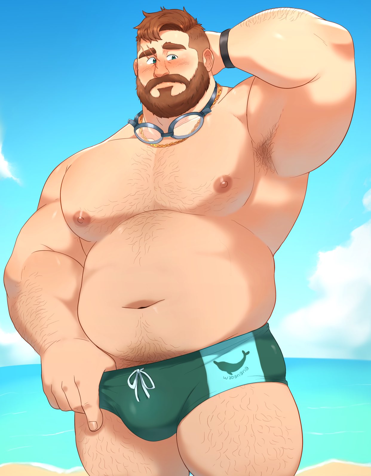 1boy 2023 almost_naked bara beach beard beefy big_belly big_bulge big_nipples big_pecs blush blush bracelet bulge chubby coral_island digital_media_(artwork) facial_hair fat gay goggles goggles_around_neck grin hairy hairy_arms hairy_chest hairy_legs hairy_male hairy_thighs hand_on_head isvenkov jewelry male male_focus male_only male_pubic_hair mark_(coral_island) muscles muscular muscular_male necklace o-ro overweight pubic_hair pulling_down_pants scar scar_across_eye scar_on_face scars selfie sketch skimpy skimpy_clothes solo solo_focus solo_male speedo swimming_goggles swimsuit swimwear thick_thighs video_game_character yaoi