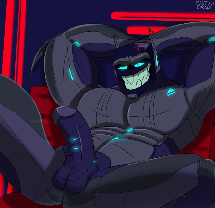 1boy 2022 bara blue_body blue_eyes cyber_lust56 erect_penis gay grey_body hands_behind_head humanoid machine metal_penis metallic_body muscular_male nightaurus no_nipples robot robot_humanoid sharp_teeth simple_background smiling solo_male spread_legs tagme twitter yaoi