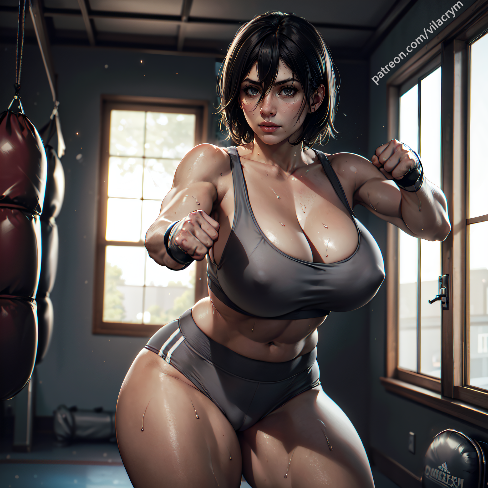 abs, ai generated, attack on titan, belly, big breasts, breasts, cameltoe, cleavage, female, grey shorts, grey sports bra, gym uniform, mikasa ackerman, pussy, shorts, sports bra, stable diffusion, sweat, thick thighs, vilacrym