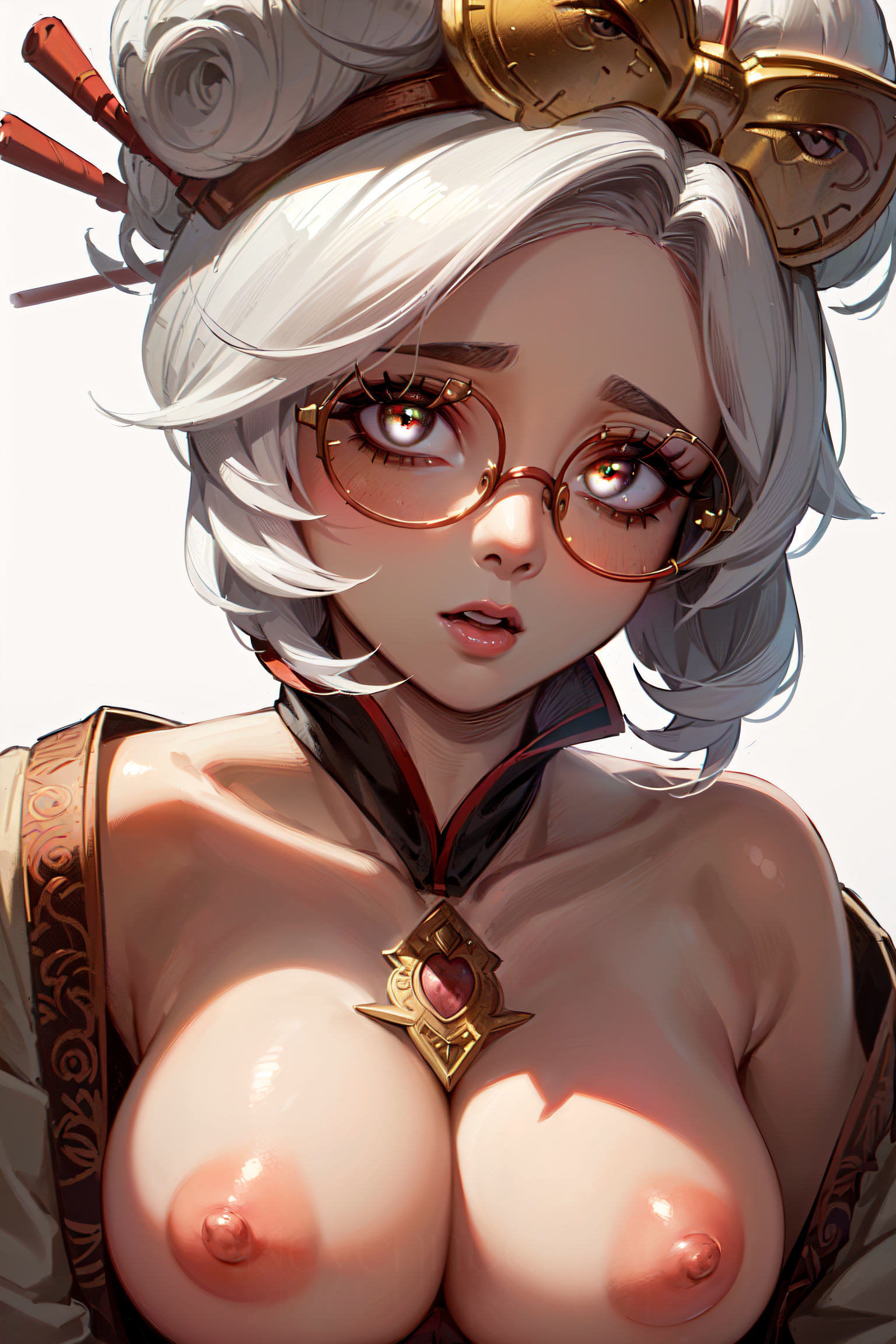 ai generated, breasts, female, glasses, nipples, purah, purah (tears of the kingdom), red eyes, stable diffusion, tagme, tears of the kingdom, the legend of zelda, white hair