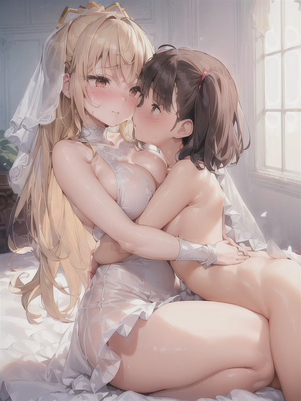 2girls aesthetic ai_generated blonde_hair brown_hair clothing eyebrows_visible_through_hair honeymoon light_skin light_skinned_female married_couple nude nude_female original veil wholesome yuri