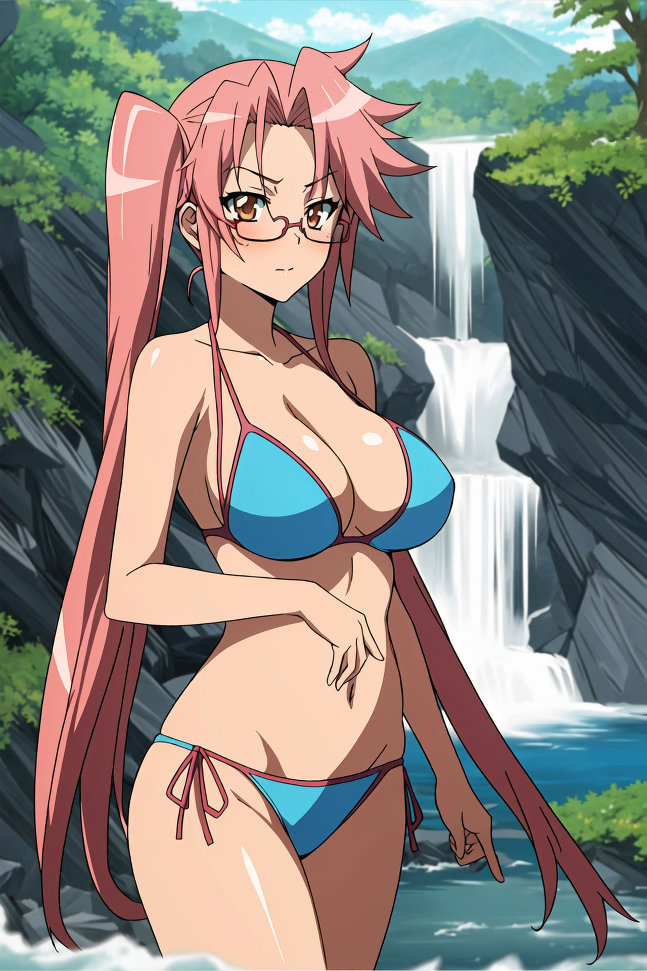 1girls, ai generated, artist request, big breasts, bikini, blue bikini, breasts, busty, cleavage, female, female only, glasses, highschool of the dead, large breasts, legs, long hair, navel, pink hair, saya takagi, solo, stable diffusion, swimsuit, thighs, twintails, voluptuous, water, yellow eyes