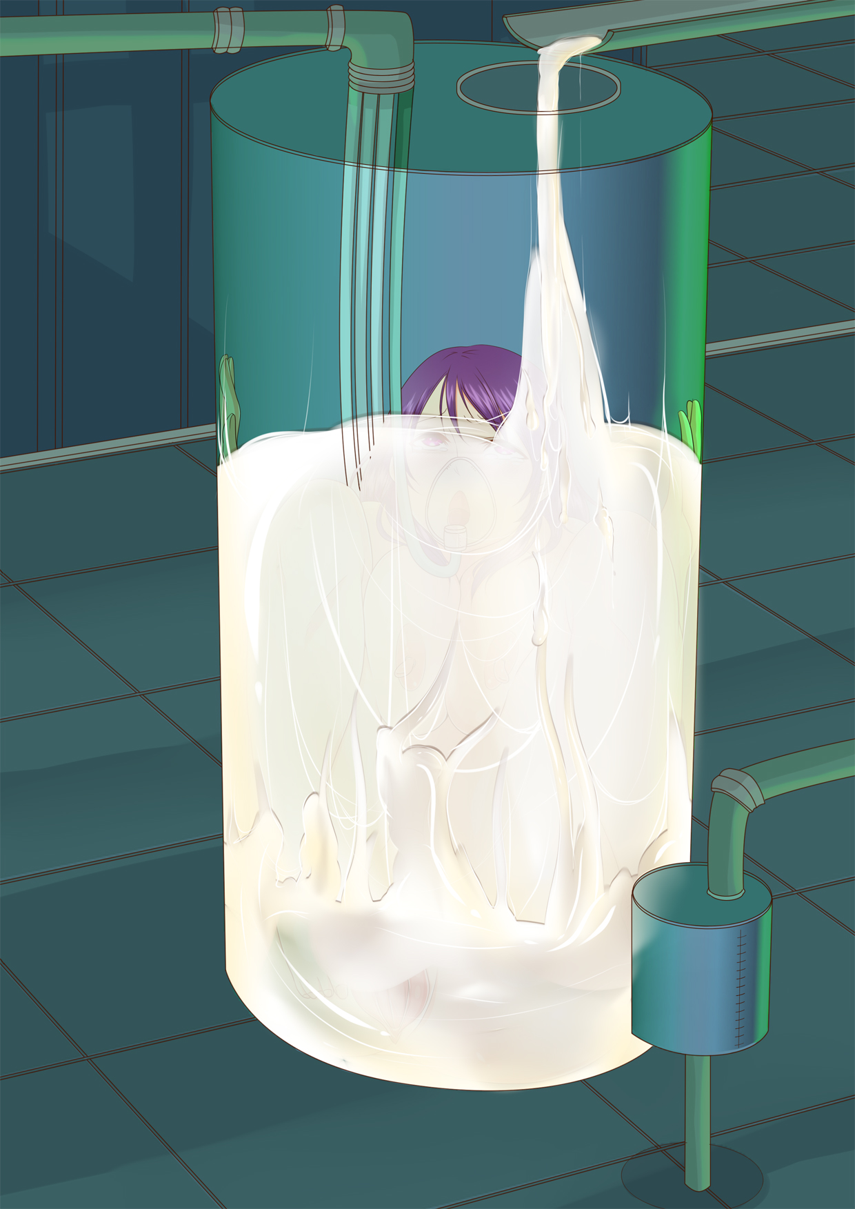1girls, against glass, blue hair, bondage, breasts, censored, cum, cum bath, cum everywhere, cum on body, cum on breasts, cum on face, cum on hair, cum on lower body, cum on upper body, drowning in cum, female, female only, femsub, forced presentation, fuwafuwa no usagiya san, helpless, highres, human livestock, large breasts, leg lift, machine, mechanical fixation, naked, nipples, nude, orgasm factory, pussy, rape, restrained, spread pussy, submerged, tank (container), test subjects, test tube, women livestock