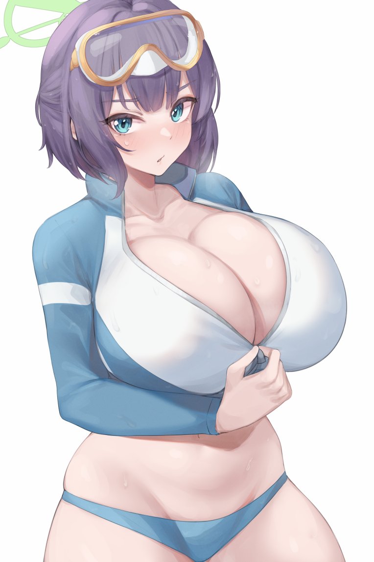 1girls, 2023, absurd res, bikini bottom, blue archive, blue eyes, breasts, cleavage, eyebrows visible through hair, female, female focus, goggles, goggles on head, hips, huge breasts, kuavera, looking at viewer, midriff, purple hair, rabbit squad (blue archive), saki (blue archive), saki (swimsuit) (blue archive), short hair, simple background, solo, solo female, solo focus, srt special academy student, swimsuit, thighs, top heavy, unzipped, white background