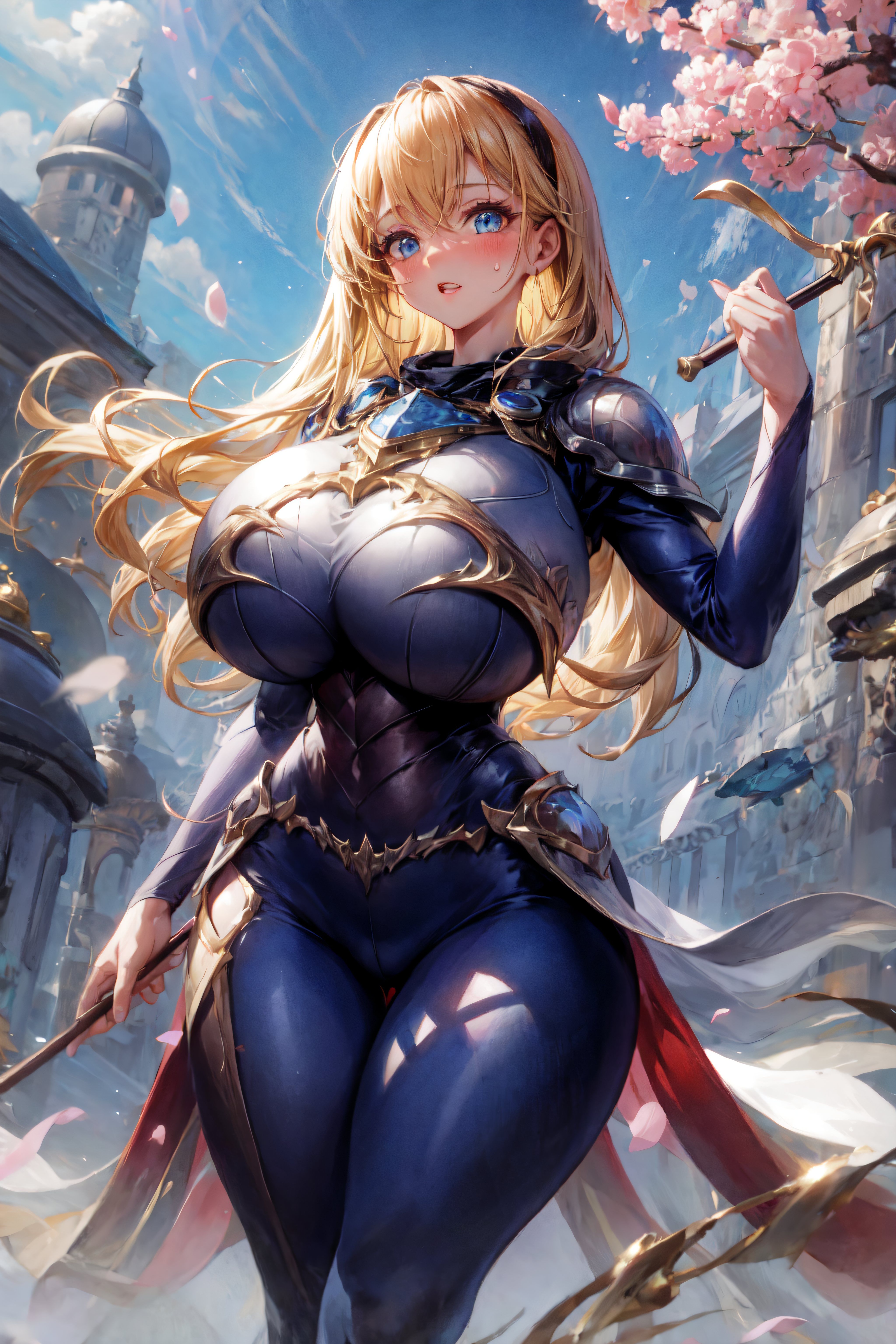 ai generated, alternate breast size, aroused, blonde hair, blue bodysuit, blue eyes, blue pants, blush, breastplate, breasts, brown hairband, castle, cherry blossoms, cowboy shot, curvy, detailed background, excited, female, gigantic breasts, gold trim, huge breasts, impossible bodysuit, league of legends, long hair, long sleeves, looking at viewer, luxanna crownguard, pauldrons, riot games, shiny hair, shiny skin, shoulder armor, stable diffusion, staff, sweat, taut clothes, thick thighs, xenomon