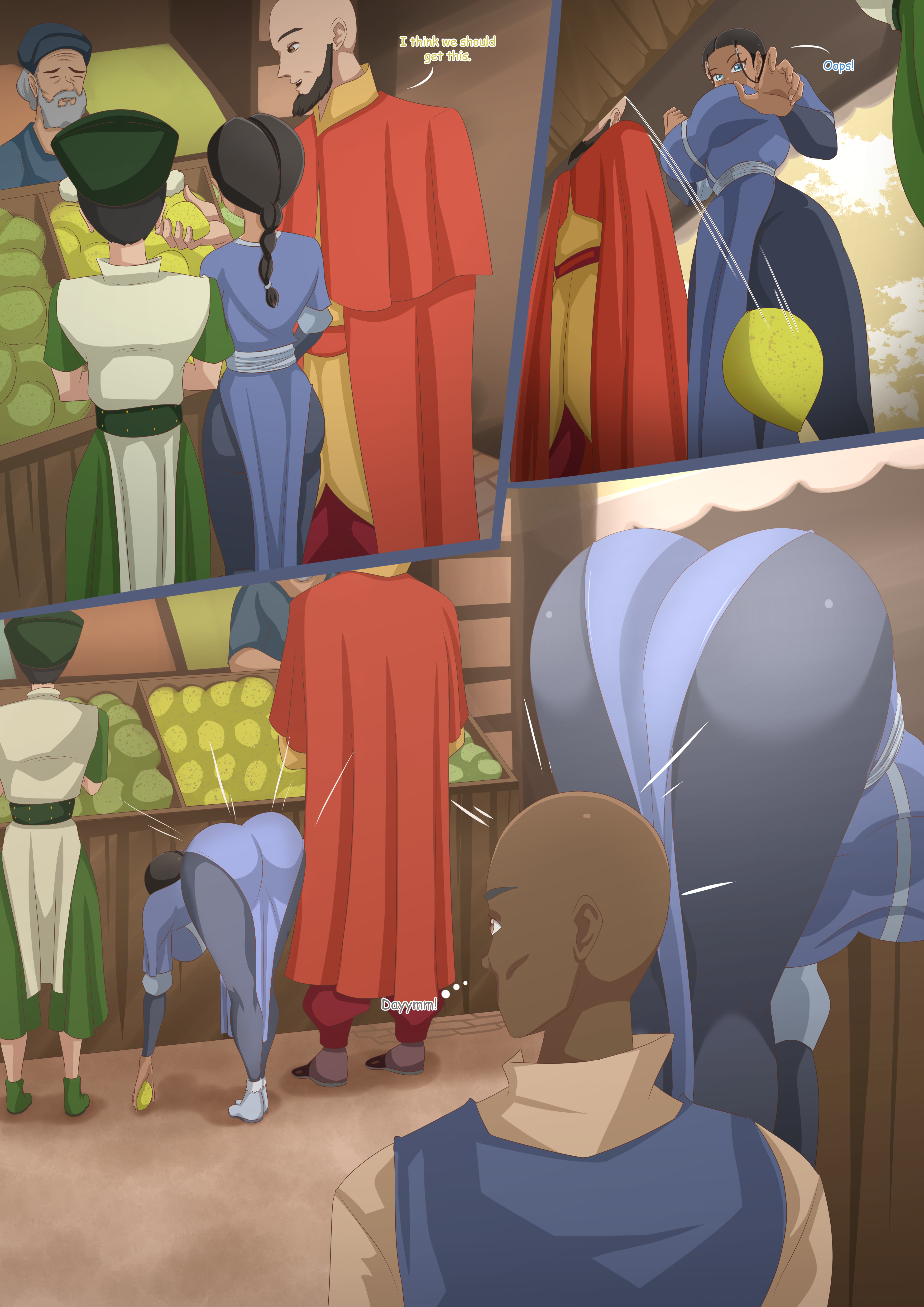 aang, air nomad, avatar legends, avatar the last airbender, bent over, comic, curvy, curvy female, dark skin, dark-skinned female, dark-skinned male, english text, female, interracial, katara, looking at ass, magnificentsexygals, male, nickelodeon, text, the avatar, toph bei fong, voluptuous, water tribe