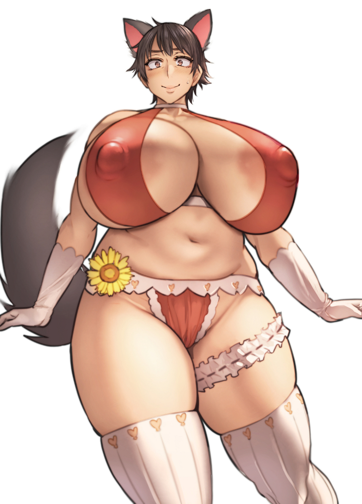 1girls, 2021, animal ears, areola slip, areolae, bare shoulders, bikini, black hair, blush, breasts, brown eyes, cleavage, fake animal ears, fake tail, female, female only, flower, fox ears, fox girl, fox tail, gigantic breasts, gloves, huge breasts, large areolae, looking at viewer, mature female, navel, nipple bulge, original, pepe (jonasan), raised tail, red bikini, short hair, short-haired aunt (pepe (jonasan)), simple background, skindentation, slightly chubby, smile, solo, standing, sunflower, sweat, sweatdrop, swimsuit, tail, tail wagging, thick thighs, thigh strap, thighhighs, thighs, underboob, white background, white gloves, zettai ryouiki