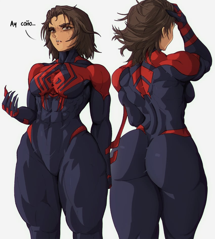 1girls abs animal_print ass athletic_female big_ass big_breasts black_eyes blue_bodysuit bodysuit breasts brown_hair claws dark-skinned_female dark_skin female female_only genderswap_(mtf) hi_res highres large_breasts long_hair marvel miguel_o'hara muscular muscular_female print_bodysuit red_bodysuit rule_63 short_hair skin_tight solo spanish_text spider-man:_across_the_spider-verse spider-man_(series) spider-man_2099 spider-woman_2099 spider_print thick_thighs thighs tomboy toned two-tone_bodysuit yoracrab