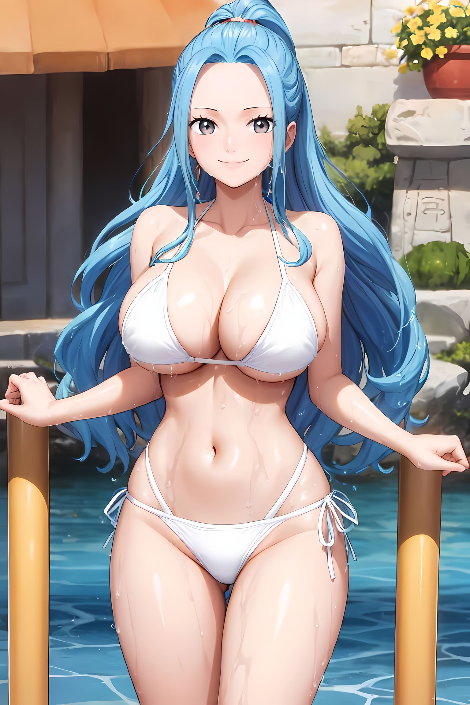1girls, ai generated, blue hair, breasts, female, female only, hi res, huge breasts, large breasts, light skin, light-skinned female, long hair, mimi ai, naughty face, nefertari vivi, one piece, outdoors, smile, stable diffusion, thighs