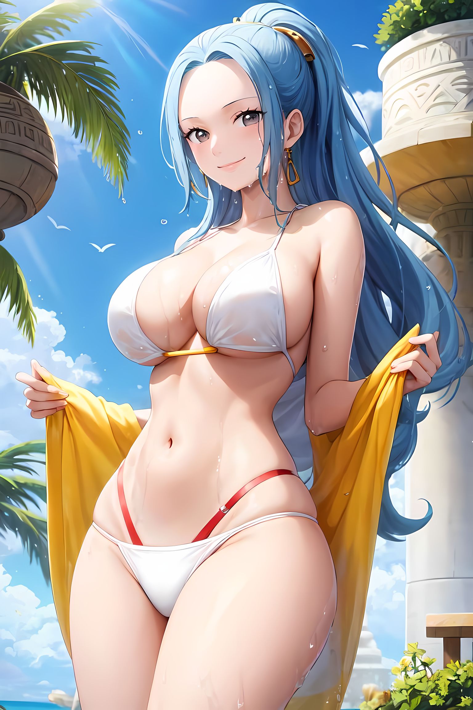 1girls, ai generated, bikini, blue hair, breasts, female, female only, hi res, huge breasts, large breasts, light skin, light-skinned female, long hair, mimi ai, naughty face, nefertari vivi, one piece, outdoors, smile, solo, stable diffusion, thighs