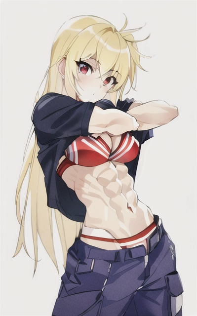 1girls abs ai_generated blonde_hair fate_testarossa midriff muscular_female navel red_eyes undressing