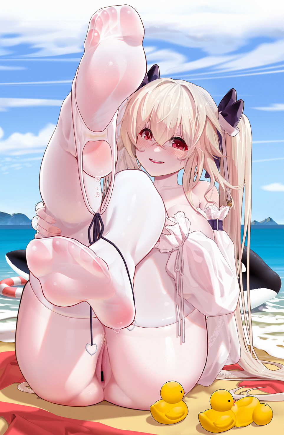 1girls anchorage_(azur_lane) anchorage_(dolphins_and_swim_lessons)_(azur_lane) armpit_crease azur_lane bare_shoulders beach bikini black_bikini black_bow blonde_hair blue_sky blush bow breasts cameltoe censored cleavage cleft_of_venus cloud cloudy_sky collarbone crossed_bangs day detached_sleeves dolphin eagle_union_(azur_lane) feet female female_pubic_hair foot_focus foreshortening grin hair_between_eyes hairbow highres horizon hugging_own_legs knees_together_feet_apart large_breasts leaning_back legs legs_up light-skinned_female light_skin long_hair long_sleeves manzai_sugar mountain no_shoes ocean open_mouth outdoors pubic_hair pussy red_eyes see-through see-through_legwear shore side-tie_bikini_bottom sidelocks sitting skindentation sky smile soles solo swimsuit thick_thighs thighhighs thighs toes twintails water wet_thighhighs white_sleeves white_thighhighs